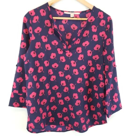 41 Hawthorn (Stitch Fix) navy blue long sleeve blouse w/ red poppy design, M - Picture 5 of 8
